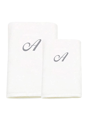 BYFT 2-Piece 100% Cotton Embroidered Letter A Bath and Hand Towel Set, White/Silver