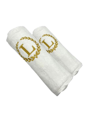 BYFT 2-Piece 100% Cotton Embroidered Letter L Bath & Hand Towel Set, White/Gold