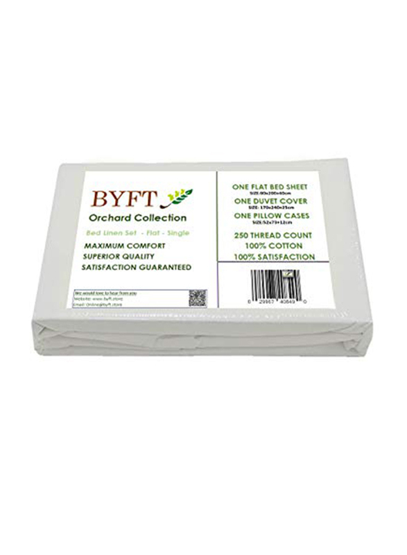 BYFT Orchard 100% Cotton Bedlinen Set, 1 Flat Bed Sheet + 1 Pillow Case + 1 Duvet Cover, Single, White