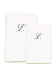 BYFT 2-Piece 100% Cotton Embroidered Letter L Bath and Hand Towel Set, White/Silver