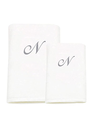 BYFT 2-Piece 100% Cotton Embroidered Letter N Bath and Hand Towel Set, White/Silver