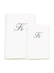 BYFT 2-Piece 100% Cotton Embroidered Letter K Bath and Hand Towel Set, White/Silver