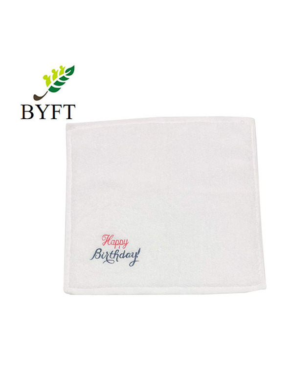 BYFT 6-Piece 100% Cotton Embroidered Happy Birthday Towel Set, White