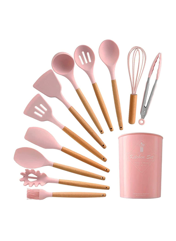

EnsoCrafts 12-Piece Silicone Cooking Spatula Spoon Set, Non-stick Utensils with Bamboo Wood Handle, Pink