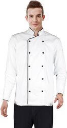Yanek Pearl Button Breathable Cotton Wash Chef Jacket Coat for Men, Large, White