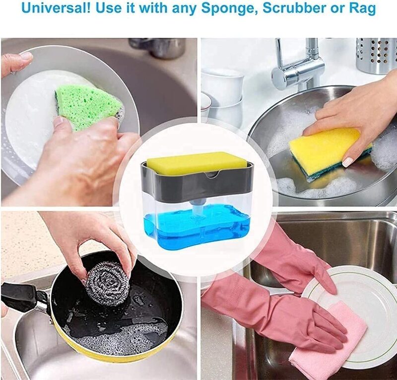 YANEK 2-in-1 Soap Pump Dispenser & Sponge Holder for Kitchen Sink & Dishwashing, Black