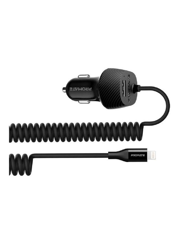 

Promate 3.4A Car Charger with Lightning Coiled Cable, Black