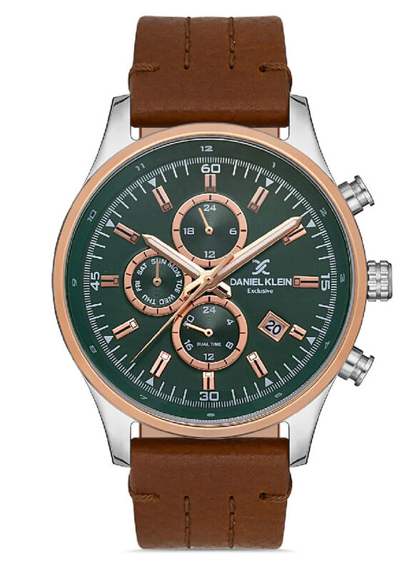 

Daniel Klein Exclusive Analog Watch for Men with Leather Band, Chronograph, DK.1.13118-5, Green-Brown