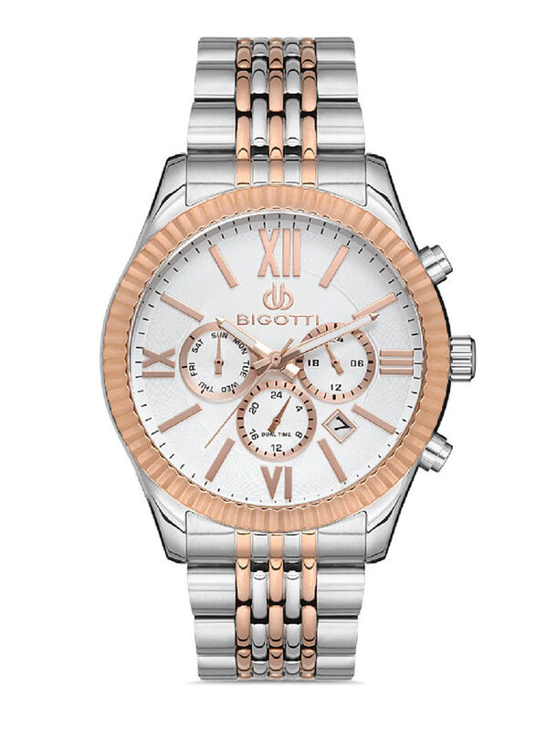 

Bigotti Analog Watch for Men With Stainless Steel Band, Chronograph, BG.1.10242-3, Silver/Rose Gold-White