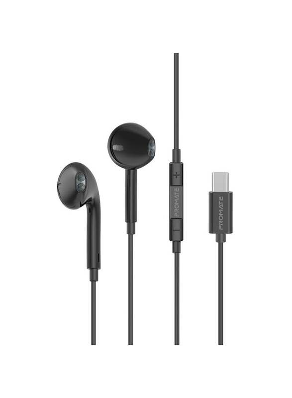

Promate Ergonomically High-Definition USB Type-C Wired In-Ear Headphones with Microphone, Black