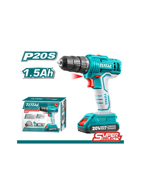 

Total Lithium-ion Cordless Drill Driver, 20V 1.5Ah with 1 Battery, TOTTDLI20011, Silver/Teal