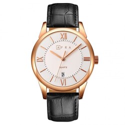 AFRA OBERON GENTS WATCH ROSE GOLD CASE WHITE DIAL BLACK LEATHER
