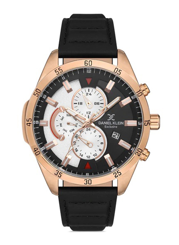 

Daniel Klein Exclusive Analog Watch for Men with Leather Band, Water Resistant and Chronograph, Dk.1.12927-3, Black/White-Rose Gold