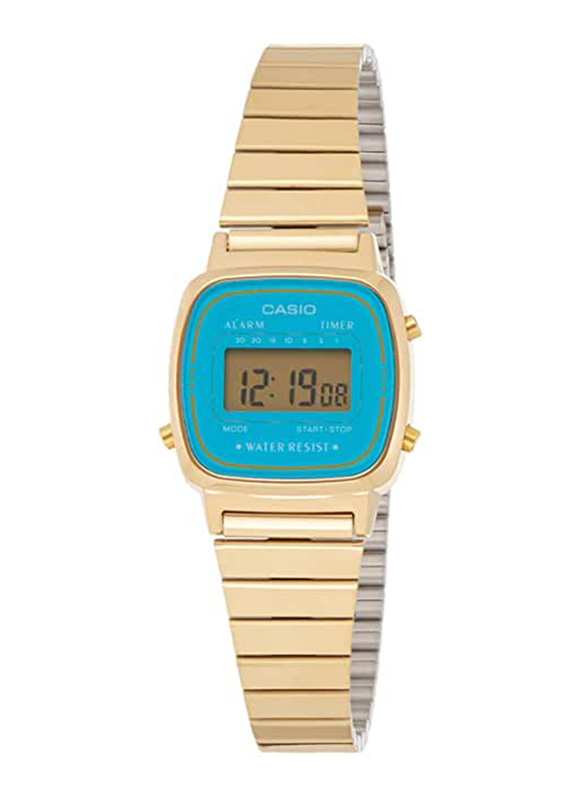 

Casio Vintage Digital Watch for Women with Stainless Steel Band, Water Resistant, LA670WGA-2DF, Gold-Blue