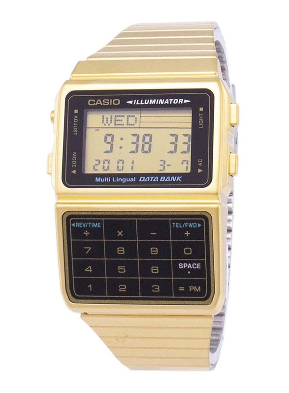 

Casio Digital Calculator Unisex Watch with Stainless Steel Band, Water Resistant, DBC-611G-1DF, Gold-Black