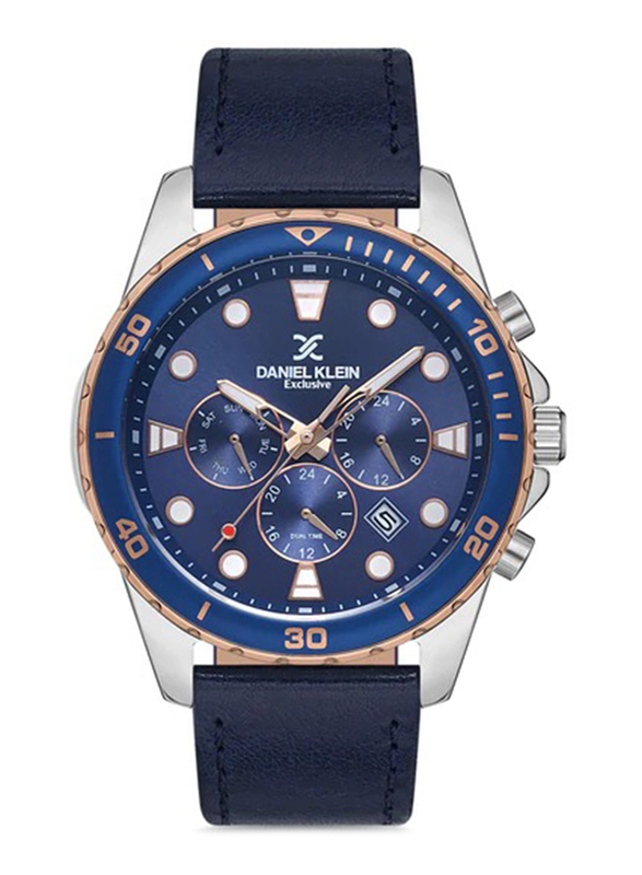

Daniel Klein Exclusive Analog Watch for Men with Leather Band, Water Resistant and Chronograph, DK.1.12952-6, Blue/Silver-Rose Gold