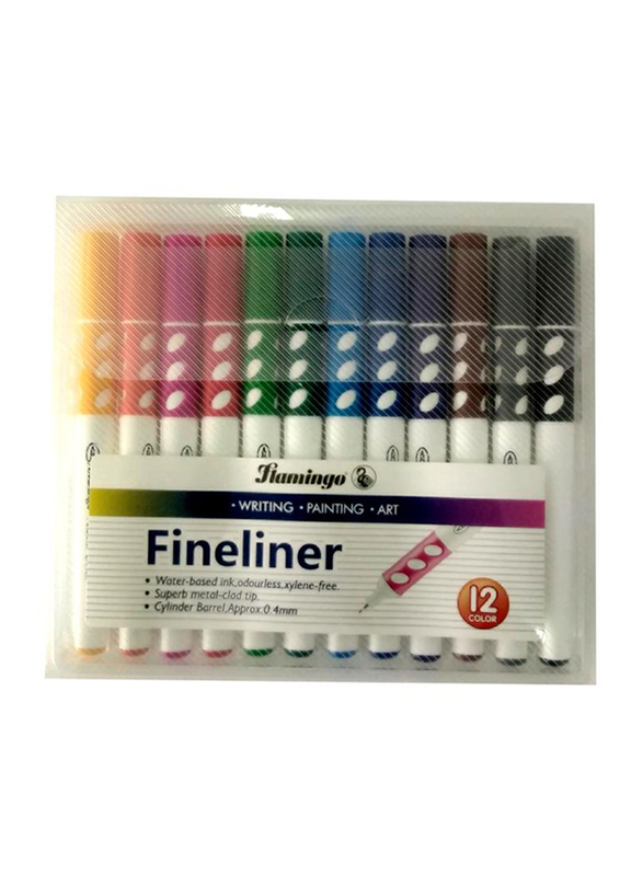 Flamingo Fine Liner Writing Art Colouring Pen Set, 12-Pieces, Multicolour