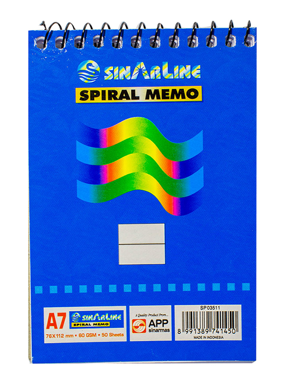 Sinarline Top Spiral Memo Register, 50 Sheets, 60 GSM, A7 Size, Blue