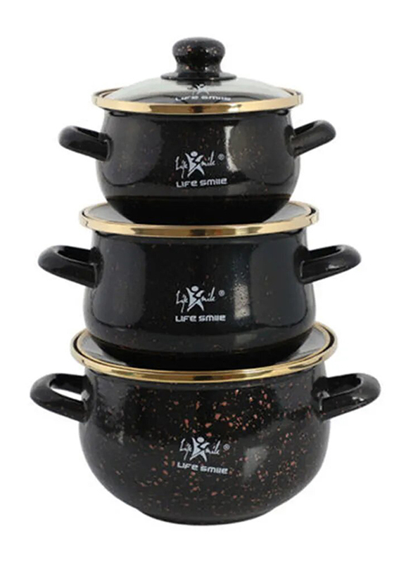 

Life Smile 6-Piece Granite Coated Enamel Round Mini Cooking Pot Set, Black/Gold/Clear