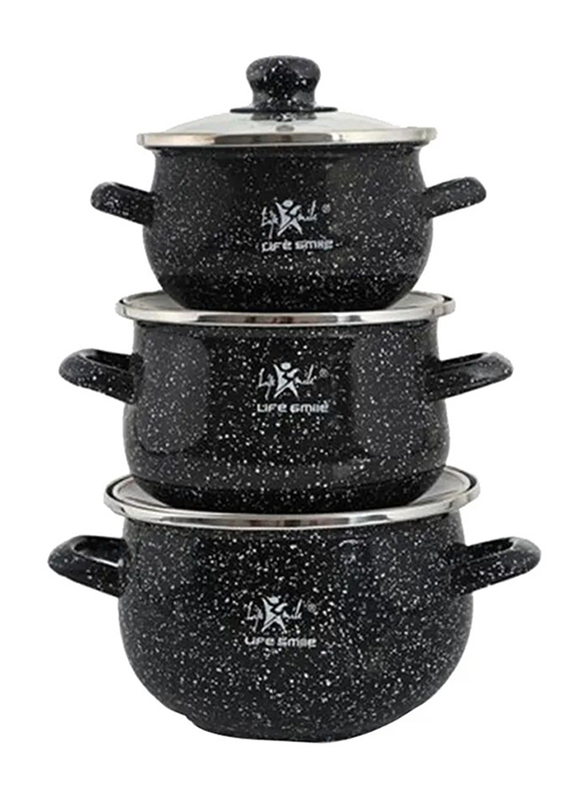 

Life Smile 3-Piece Granite Coated Enamel Mini Cooking Pot With Lids, NMLP-1S-BW, Black