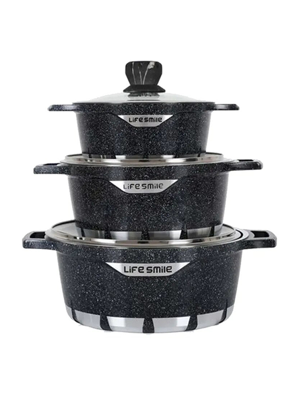 

Life Smile 6-Piece Aluminium Round Cookware Set with Lid, FLCM-6-3C, Black
