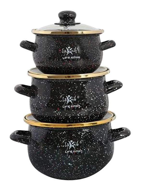 

Life Smile 6-Piece Granite Coated Enamel Round Mini Cooking Pot Set with Lids, NMLP-1G-BRW, Black