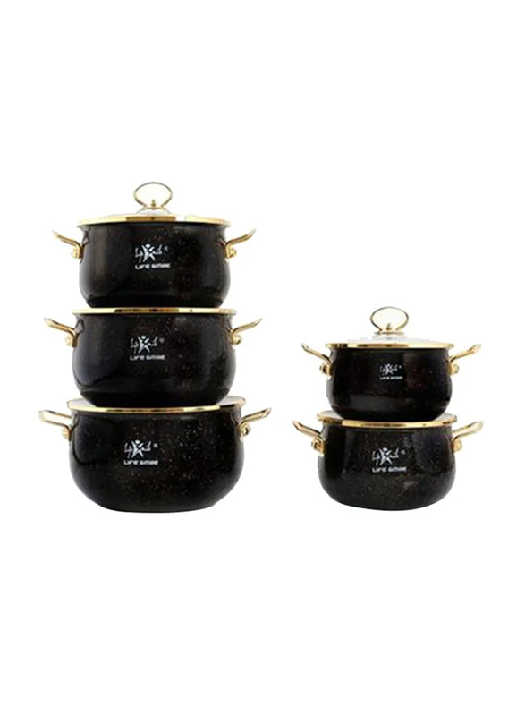 

Life Smile 10-Piece Enamel Cookware Set, NMLP-10G-2, Black/Gold