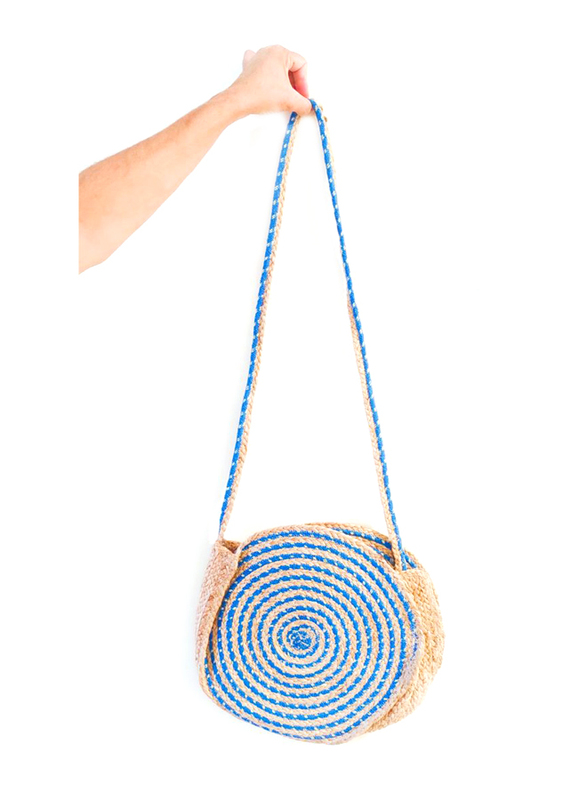 

Round Jute Crossbody Bag, Natural Brown/Blue