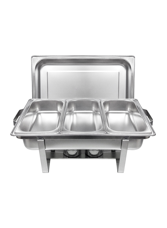 Raj 9 Ltr Stainless Steel Rectangle Triple Pan Chafing Dish, VCD003, 60.5x36.8x30.5 cm, Silver