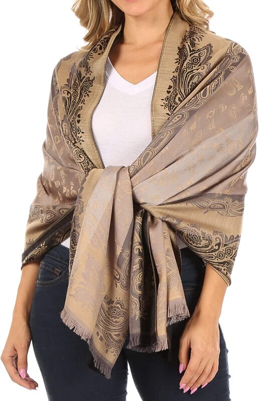 

Sakkas Alessa Silky Soft Reversible Paisley Print Pashmina Scarf Shawl Wrap for Women, Brown