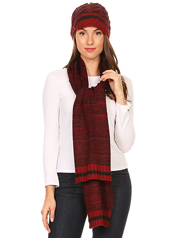 

Sakkas Unisex Theo Warm Winter Heather and Stripes Knit Hat & Scarf Set, Red/Black