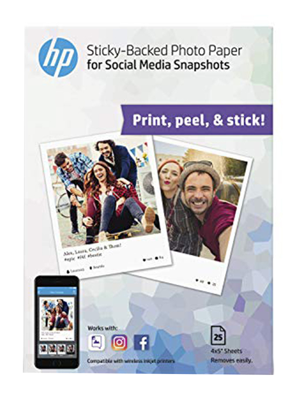 

HP 4 x 5-inch Sticky Back Photo Paper for Social Media Snapshots, 25 Sheets, White