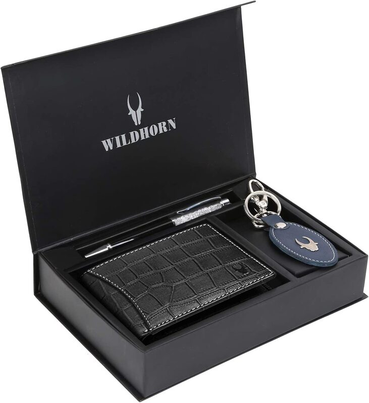 

WildHorn Leather Wallet Keychain & Pen Combo for Men, Black