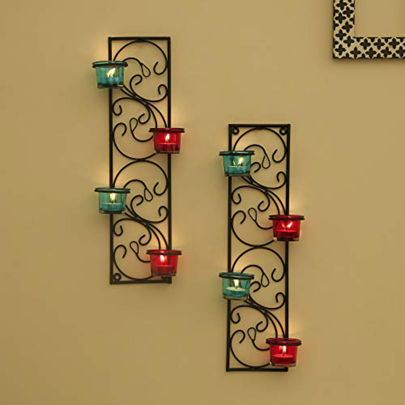 

Homesake Candle Holder Metal Wall Hanging Twisted Petals, 2 Pieces, Red/Blue