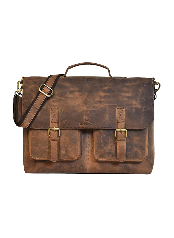 

Leaderachi Genuine Vintage Hunter Leather Briefcase Laptop Bag, Brown