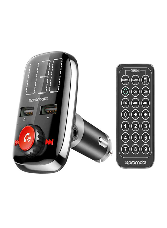 Promate Wireless FM Transmitter Car Kit with Smart LED Display, Black