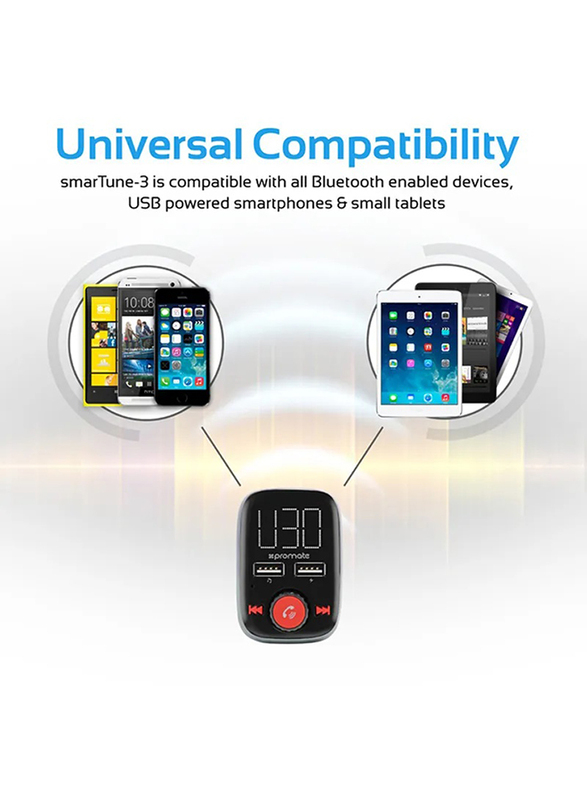 Promate Wireless FM Transmitter Car Kit with Smart LED Display, Black