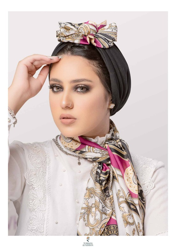 

Turban & Fashion 2-Piece Front Fan Deisgn Turban with Printed Scarf Set for Women, Black