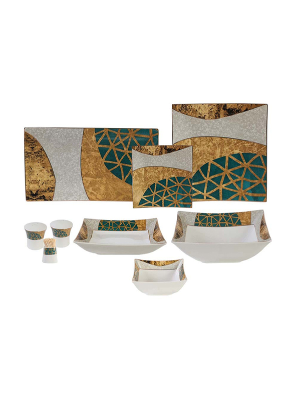 

Danube Home 30-Piece Life Smile Square Dinner Set, LL-3A, White/Gold/Green