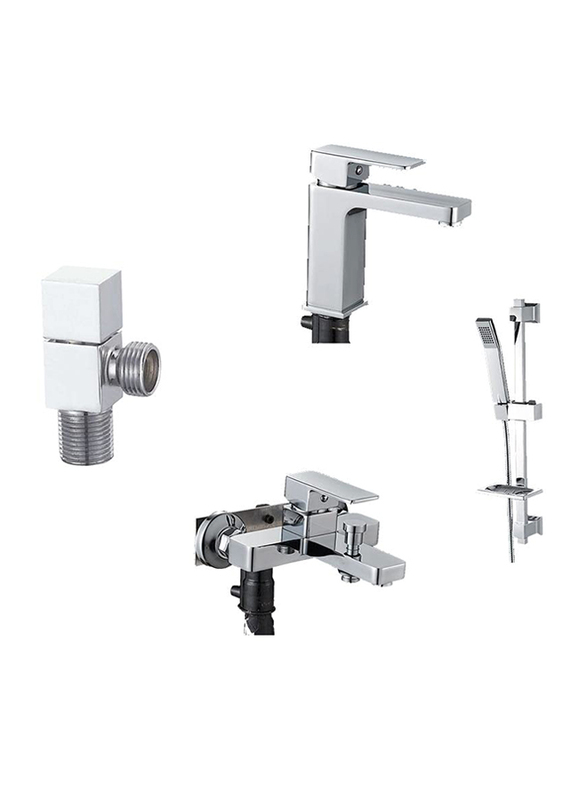 Danube Home Milano Duke Gift Set with Basin Mixer/Shower Mixer/Shower Kit/Square Angle Valve, 7 Pieces, Silver