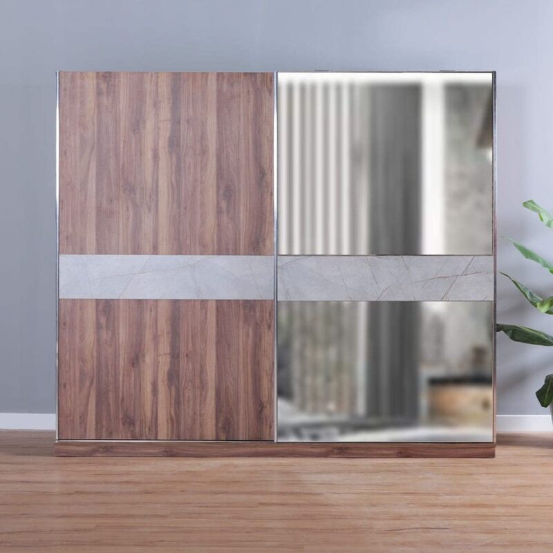 

Danube Home Ruby Sliding Door Wardrobe Closet for Hanging Clothes with Rods & Shelves, Walnut/Smokey Grey