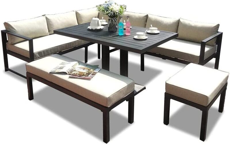

Danube Home Arial 7-Seater Outdoor Sofa Cum Dining Set, Beige