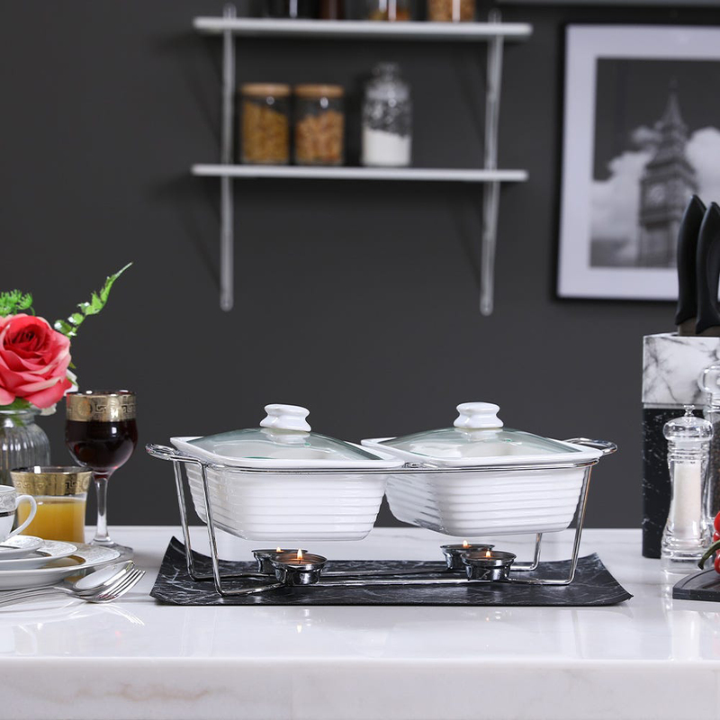 

Danube Home 26cm Grace Twins Rect. Casserole Food Warmer, 1661H-10.5G-G, White