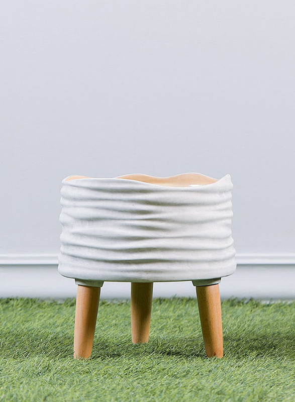 

Danube Home Ceramic Planters With Beech Wood Legs, White