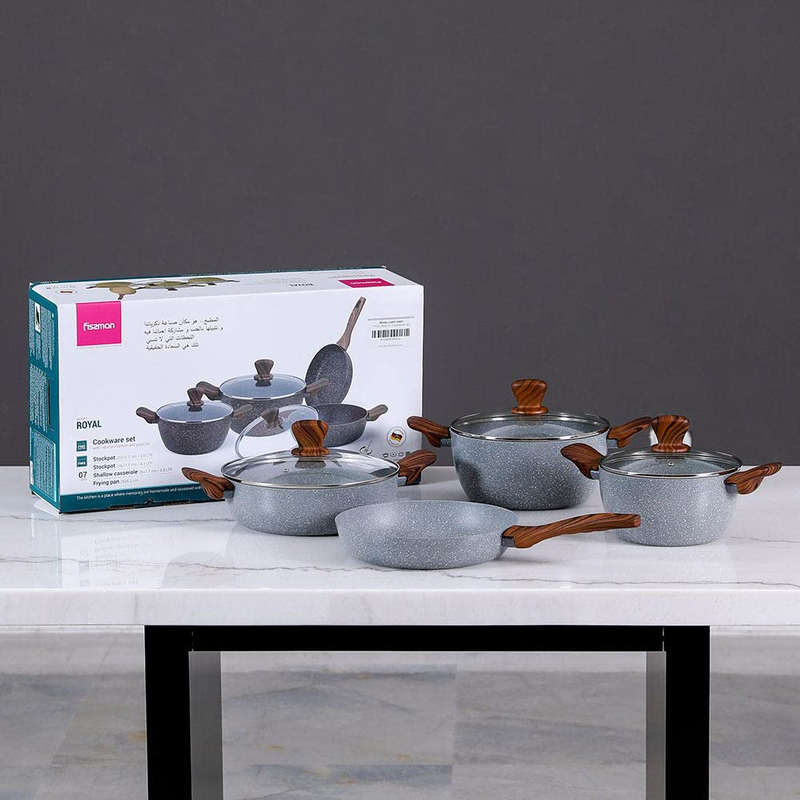Danube Home 7-Piece Fissman Granite Cookware Set, Royal Light Grey