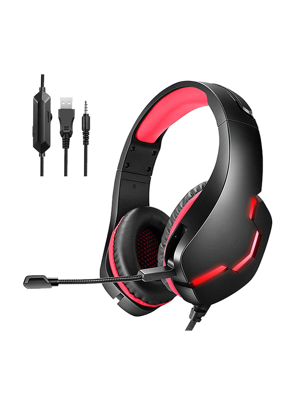 

HXSJ J10 Wired Over-Ear Deep Bass Stereo LED Light Gaming Headset with Mic for PS4, Xbox, PC, Black/Red