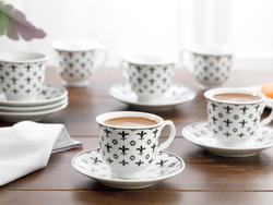 English Home 90ml 12-Piece Porcelain Ilda Traditional Turkish Coffee Cup and Saucer Set, White/Black