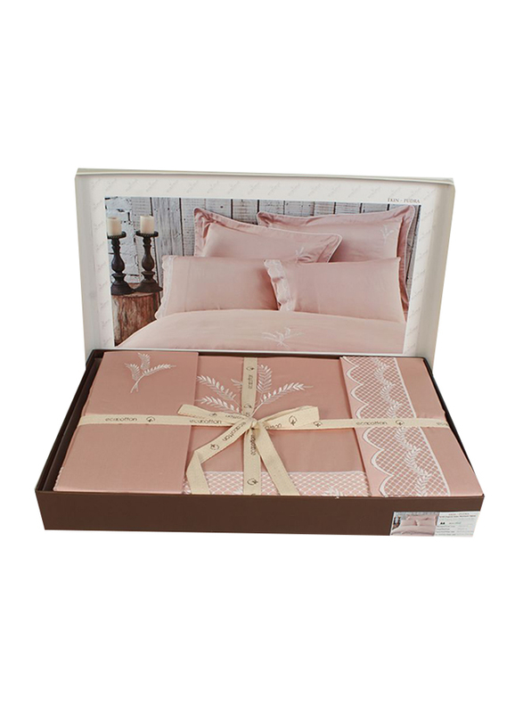 Ecocotton 6-Piece Ekin Eco Double Duvet Cover Set, 1 Duvet Cover + 1 Bed Sheet + 2 Pillow Cases + 2 Oxford Pillow Cases, Peach