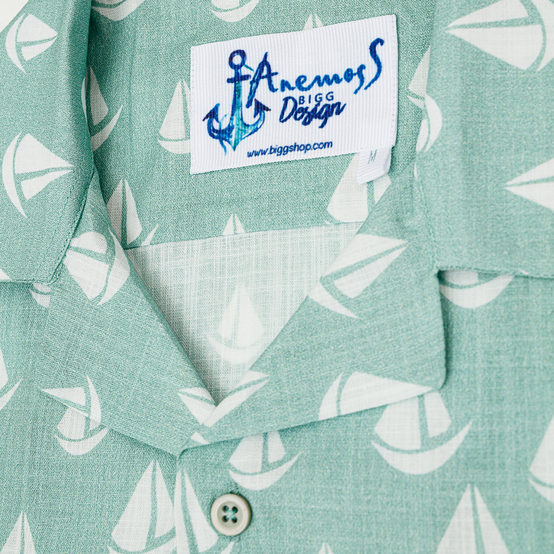 BiggDesign Anemoss Sailboat Patterned Short Sleeve Shirts for Men, Small, Green/White