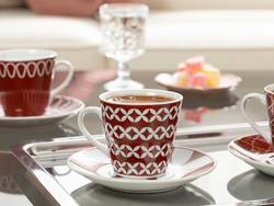English Home 80ml 12-Piece Porcelain Luis Traditional Turkish Coffee Cup and Saucer Set, White/Red